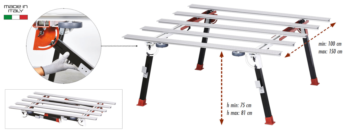 Raimondi BIGFOOT XXL 394MBXXL01R Banco Di Lavoro Modulare Dotato di Gambe Pieghevoli Piedi Ruote Ganci Supporto Struttura Acciaio Profili Alluminio Anodizzato Robusto Stabile Misura Piano 170x100-150 cm Altezza Regolabile 75-81 cm Portata Massima 150 Kg