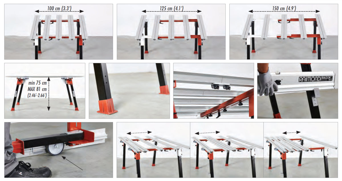 Raimondi BIGFOOT XXL 394MBXXL01R Banco Di Lavoro Modulare Dotato di Gambe Pieghevoli Piedi Ruote Ganci Supporto Struttura Acciaio Profili Alluminio Anodizzato Robusto Stabile Misura Piano 170x100-150 cm Altezza Regolabile 75-81 cm Portata Massima 150 Kg