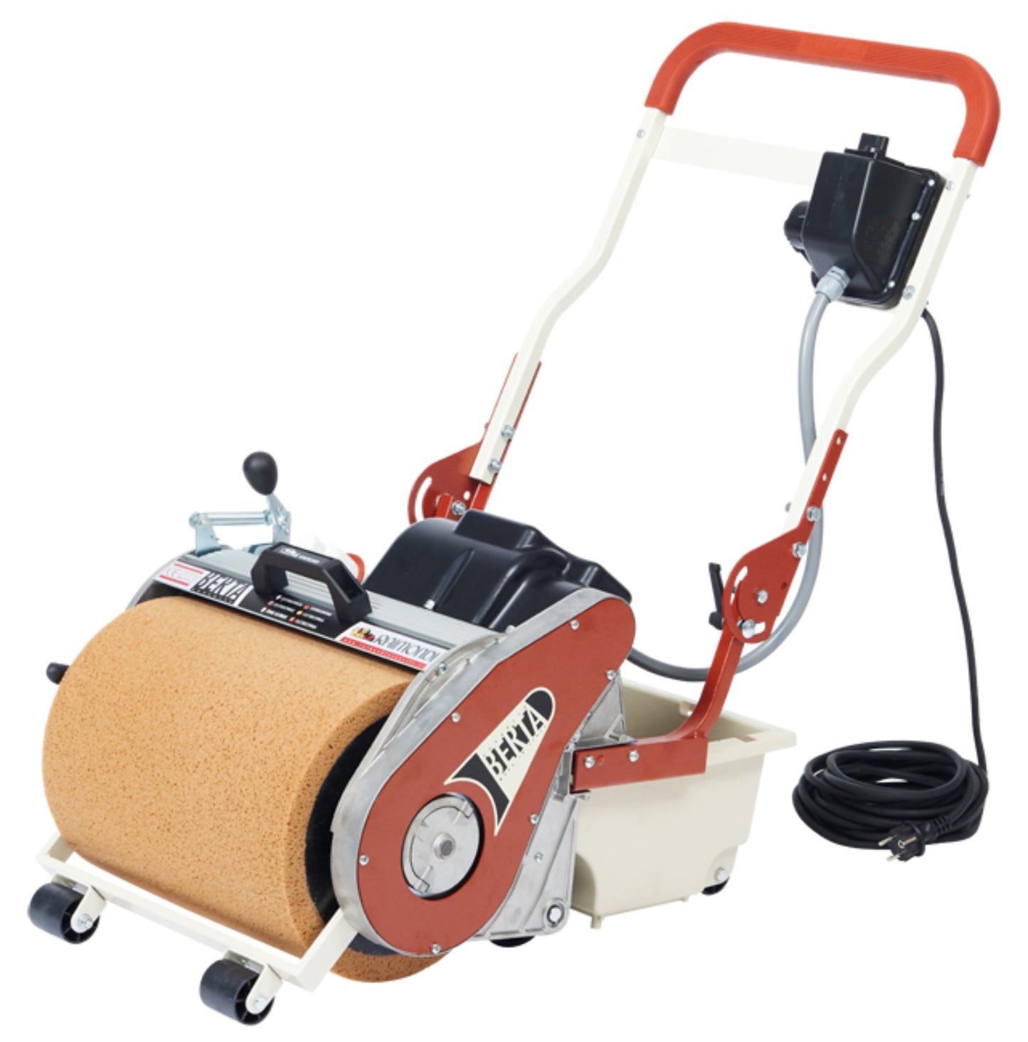 Raimondi Berta ADV 399 ADV Elettrospugna Pulizia Pavimenti Cotto Toscano Gres Porcellanato Bicottura Monocottura Marmo Klinker Porfido Pietre Naturali Altezza Barra Regolabile Leva Rullo Spugna Liquido Manico Alluminio Vasca Plastica Ruote 65x55 H50 cm