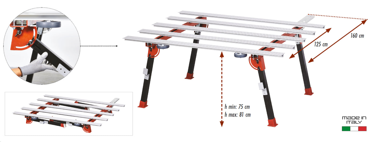 Raimondi BIGFOOT XL 394MB0XL01R Banco Di Lavoro Modulare Dotato di Gambe Pieghevoli Piedi Ruote Ganci Supporto Struttura Acciaio Profili Alluminio Anodizzato Robusto Stabile Misura Piano 170x125 cm Altezza Regolabile da 75 a 81 cm Portata Massima 150 Kg