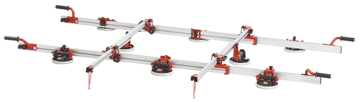 Raimondi EASY-MOVE MkIV CON VENTOSE RV175 432EM04TA Dispositivo Telescopico Per Movimentazione di Lastre Lunghezza Massima 320 cm 8 Ventose Vacuum a Pompa Gomma Antimacchia Vuotometro 2 Traverse 4 Maniglie Scorrevoli Gommino Antiscivolo Impugnatura
