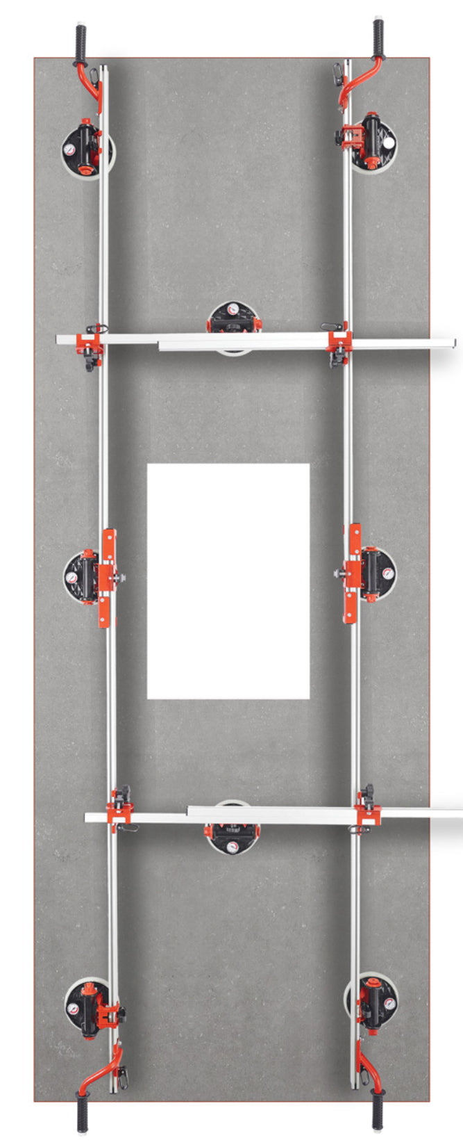 Raimondi EASY-MOVE MkIV CON VENTOSE RV175 432EM04TA Dispositivo Telescopico Per Movimentazione di Lastre Lunghezza Massima 320 cm 8 Ventose Vacuum a Pompa Gomma Antimacchia Vuotometro 2 Traverse 4 Maniglie Scorrevoli Gommino Antiscivolo Impugnatura