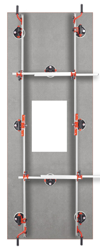 Raimondi EASY-MOVE MkIV CON VENTOSE RV175 432EM04TA Dispositivo Telescopico Per Movimentazione di Lastre Lunghezza Massima 320 cm 8 Ventose Vacuum a Pompa Gomma Antimacchia Vuotometro 2 Traverse 4 Maniglie Scorrevoli Gommino Antiscivolo Impugnatura