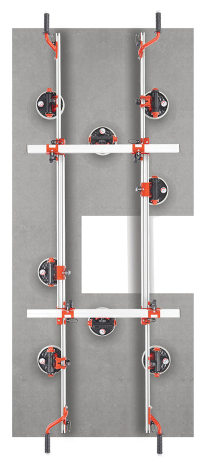 Raimondi EASY-MOVE MkIV CON VENTOSE RV175 432EM04TA Dispositivo Telescopico Per Movimentazione di Lastre Lunghezza Massima 320 cm 8 Ventose Vacuum a Pompa Gomma Antimacchia Vuotometro 2 Traverse 4 Maniglie Scorrevoli Gommino Antiscivolo Impugnatura