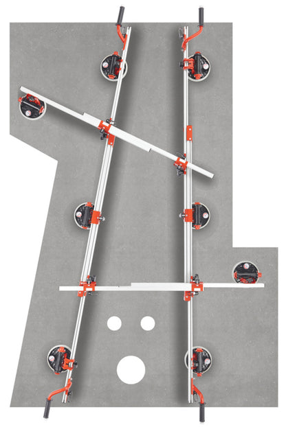 Raimondi EASY-MOVE MkIV CON VENTOSE RV175 432EM04TA Dispositivo Telescopico Per Movimentazione di Lastre Lunghezza Massima 320 cm 8 Ventose Vacuum a Pompa Gomma Antimacchia Vuotometro 2 Traverse 4 Maniglie Scorrevoli Gommino Antiscivolo Impugnatura