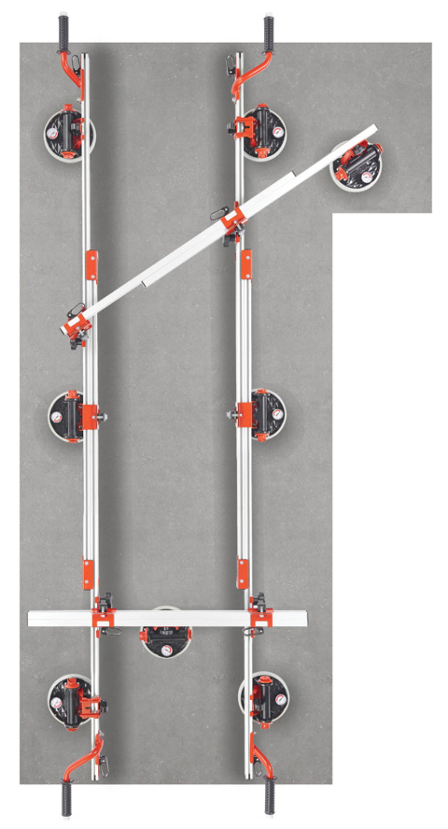 Raimondi EASY-MOVE MkIV CON VENTOSE RV175 432EM04TA Dispositivo Telescopico Per Movimentazione di Lastre Lunghezza Massima 320 cm 8 Ventose Vacuum a Pompa Gomma Antimacchia Vuotometro 2 Traverse 4 Maniglie Scorrevoli Gommino Antiscivolo Impugnatura