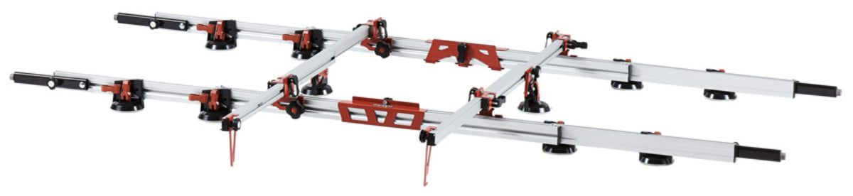 Raimondi EASY-MOVE MkIV X-LIGHT 432EM04TC Dispositivo Telescopico per Movimentazione Lastre Piastrelle di Lunghezza Massima 320 cm 8 Ventose Patta Ø 115 mm Gomma Antimacchia 4 Impugnature Scorrevoli Gommino Antiscivolo 2 Traverse 90-160 cm Smontabili