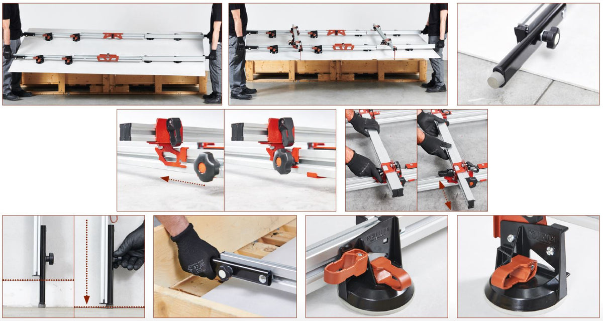 Raimondi EASY-MOVE MkIV X-LIGHT 432EM04TC Dispositivo Telescopico per Movimentazione Lastre Piastrelle di Lunghezza Massima 320 cm 8 Ventose Patta Ø 115 mm Gomma Antimacchia 4 Impugnature Scorrevoli Gommino Antiscivolo 2 Traverse 90-160 cm Smontabili