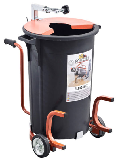 Raimondi Fluid Mix 238 EUN Minibetoniera Con Frullatore Per Miscelare Impasti Fluidi Autolivellanti Premiscelati Sigillanti Base Cementizia Vernici Struttura Acciaio Coperchio Antipolvere Gambe 2 Ruote Gomma Fisse Leve Secchio 75 Lt Misura 54x60 H77 cm