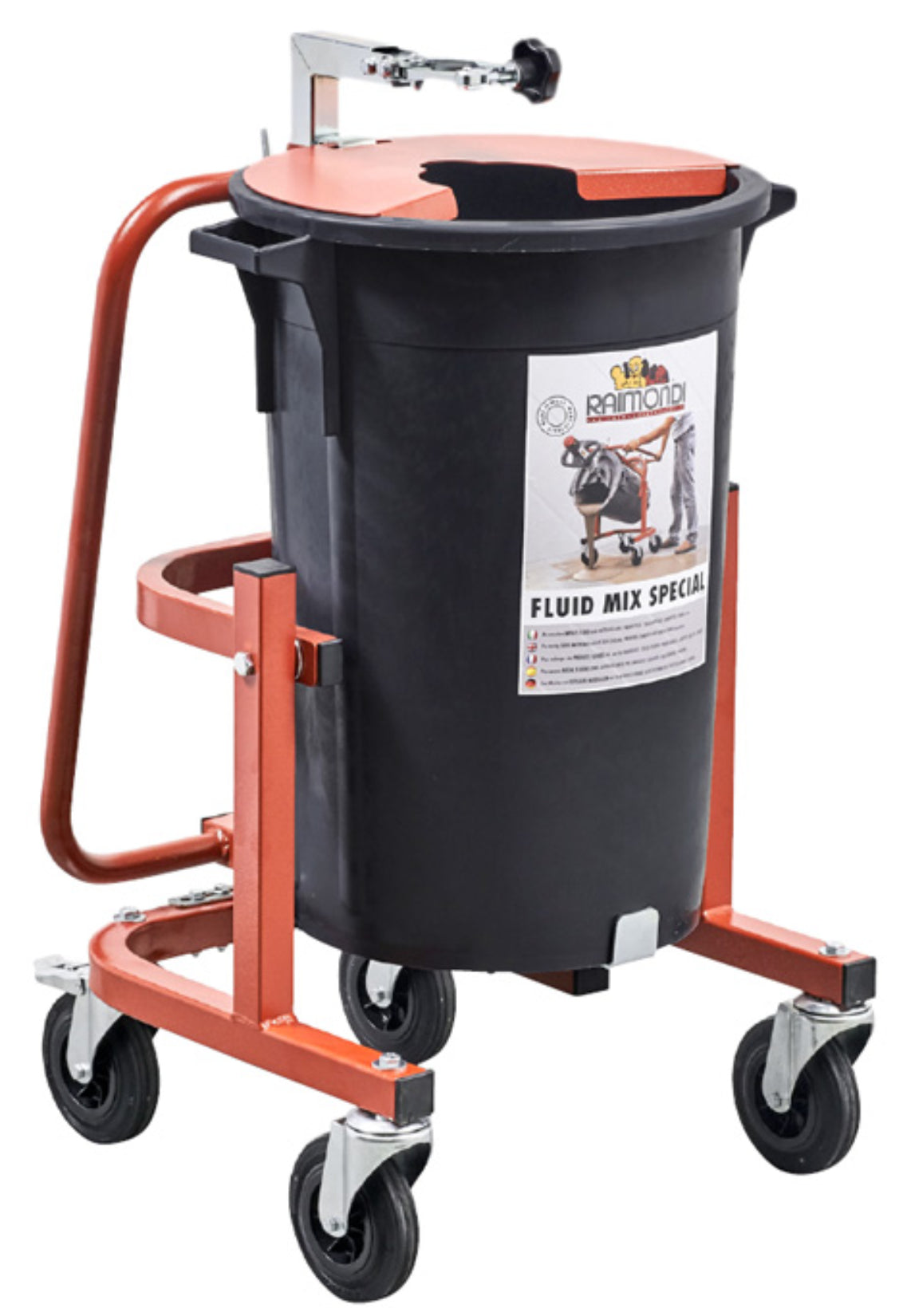 Raimondi Fluid Mix Special 238 UN Minibetoniera Con Frullatore Per Miscelare Impasti Fluidi Autolivellanti Premiscelati Sigillanti Base Cementizia Vernici Struttura Acciaio Coperchio Gambe 4 Ruote Gomma Piroettanti Secchio 75 Lt Inclinabile 61x66 H95 cm