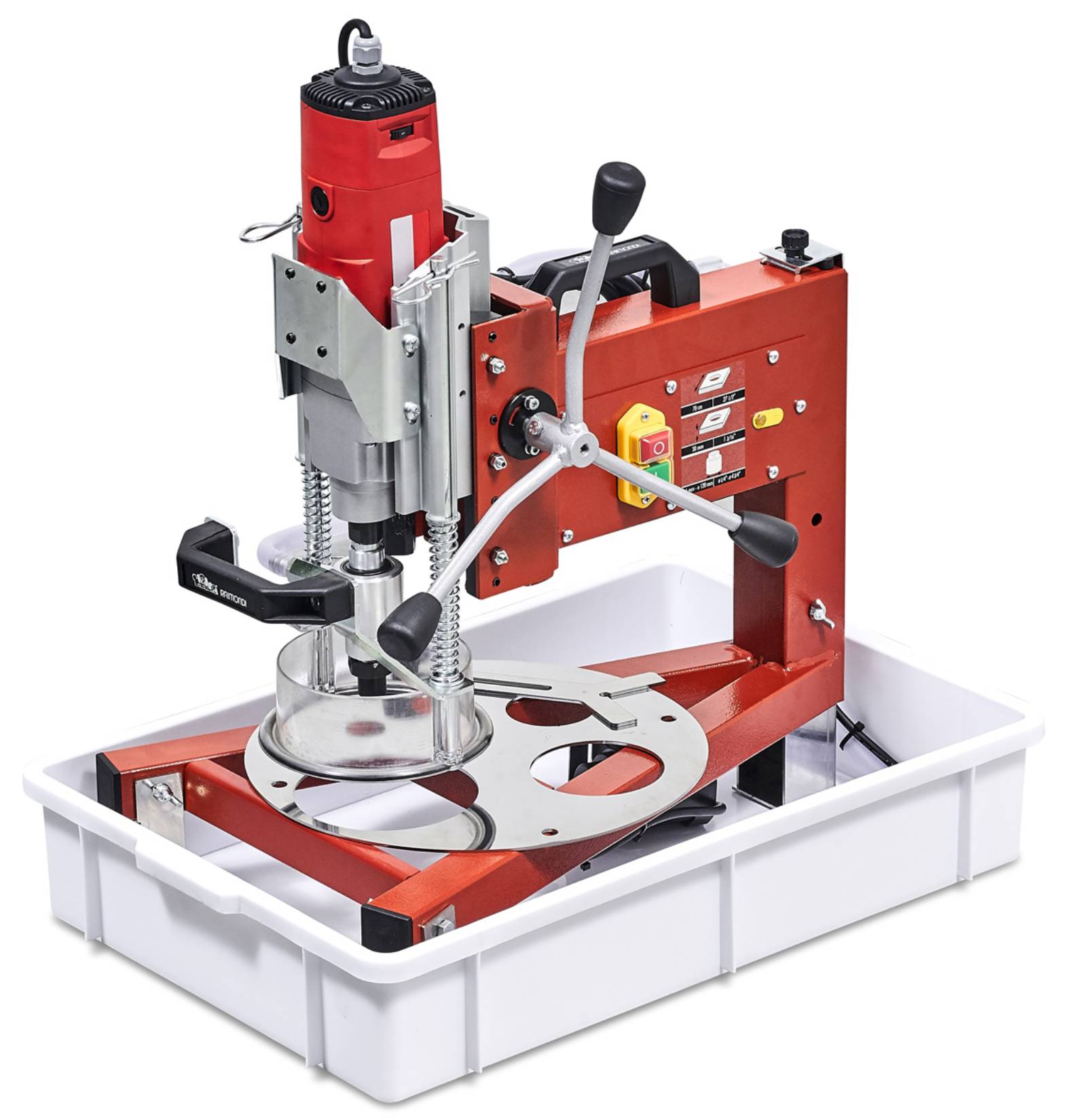 Raimondi Foraspeed 205F EU Foratrice Per Forare Piastrelle in Gres Porcellanato Marmo Granito Monocottura Bicottura Vetro Fori Mattonelle Spessore Max 30 mm Per Foretto Ø da 4 a 120 mm Raffreddamento Pompa Controforetto Rotante Misura 65x43 H48 cm