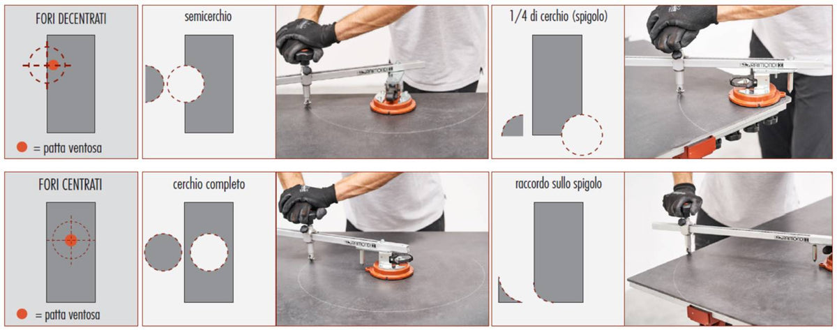 Raimondi KOMPASS 433KOMP 50 Dispositivo Per Realizzare Tagli Circolari Cerchi Semicerchi Ampio Diametro Su Lastre di Grande Formato Sistema Incisione Spacco Fori Centrati Ø 22-100 cm Decentrati Ø32-100 cm Ventosa Rotellina Perno Cuscinetti Asta Graduata