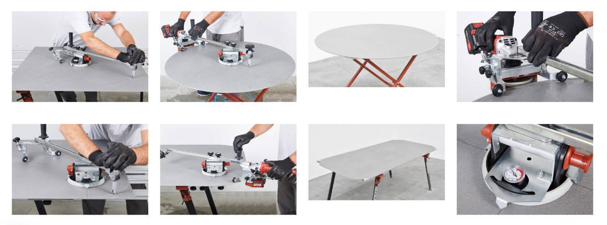 Raimondi MOTOKOMPASS 433KOMOHR Dispositivo Sagomatura Circolare Elementi Tondi Angoli Arrotondati Ø 30-100 cm Profili Mezzo Toro Smusso 45° (Jolly) Su Lastre Piastrelle H3-12mm Raggi 6 10 12 mm Uso Secco Acqua Ventosa Incisione Rotellina Pinza Troncatrice