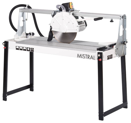Raimondi Mistral 120 224MS 120EU Segatrice Motore Scorrevole Inclinabile Taglio 120cm Jolly Mattonelle Spessore 135mm Disco Ø300mm Troncatrice Raffreddamento Pompa Barra Scorrimento Piani Lavoro Telaio Squadra Ricalibrabile Gambe Ripiegabili 150x60 H60 cm