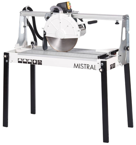 Raimondi Mistral 90 224MS 90EU Segatrice Motore Scorrevole Inclinabile Taglio 90 cm Jolly Mattonelle Spessore 135 mm Disco Ø 300mm Troncatrice Raffreddamento Pompa Barra Scorrimento Piani Lavoro Telaio Squadra Ricalibrabile Gambe Ripiegabili 120x60 H60 cm