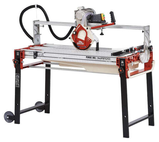 Raimondi Pikus 105 Advanced 423ADV Segatrice Motore Scorrevole Inclinabile Taglio 105 cm Jolly Mattonelle Spessore 150 mm Disco Ø 250 mm Struttura Alluminio Vasca Raffreddamento Pompa Squadra Ricalibrabile Gambe Telescopiche Copridisco Ruote 145x70 h79 cm