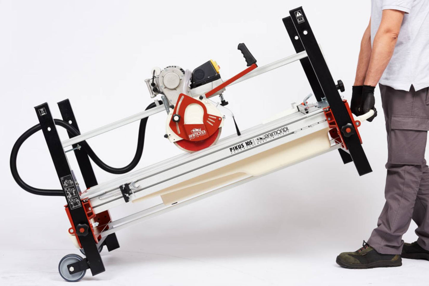 Raimondi Pikus 105 Advanced 423ADV Segatrice Motore Scorrevole Inclinabile Taglio 105 cm Jolly Mattonelle Spessore 150 mm Disco Ø 250 mm Struttura Alluminio Vasca Raffreddamento Pompa Squadra Ricalibrabile Gambe Telescopiche Copridisco Ruote 145x70 h79 cm