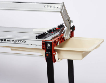 Raimondi Pikus 105 Advanced 423ADV Segatrice Motore Scorrevole Inclinabile Taglio 105 cm Jolly Mattonelle Spessore 150 mm Disco Ø 250 mm Struttura Alluminio Vasca Raffreddamento Pompa Squadra Ricalibrabile Gambe Telescopiche Copridisco Ruote 145x70 h79 cm