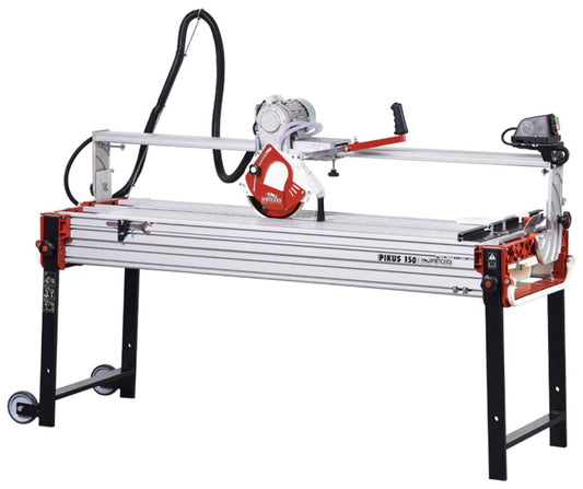 Raimondi Pikus 150 Advanced 425ADVLLEU Segatrice Motore Scorrevole Inclinabile Taglio 155 cm Jolly Mattonelle Spessore 150 mm Disco Ø 250 mm Struttura Alluminio Raffreddamento Pompa Squadra Ricalibrabile Gambe Telescopiche Copridisco Ruote 200x70 H79 cm
