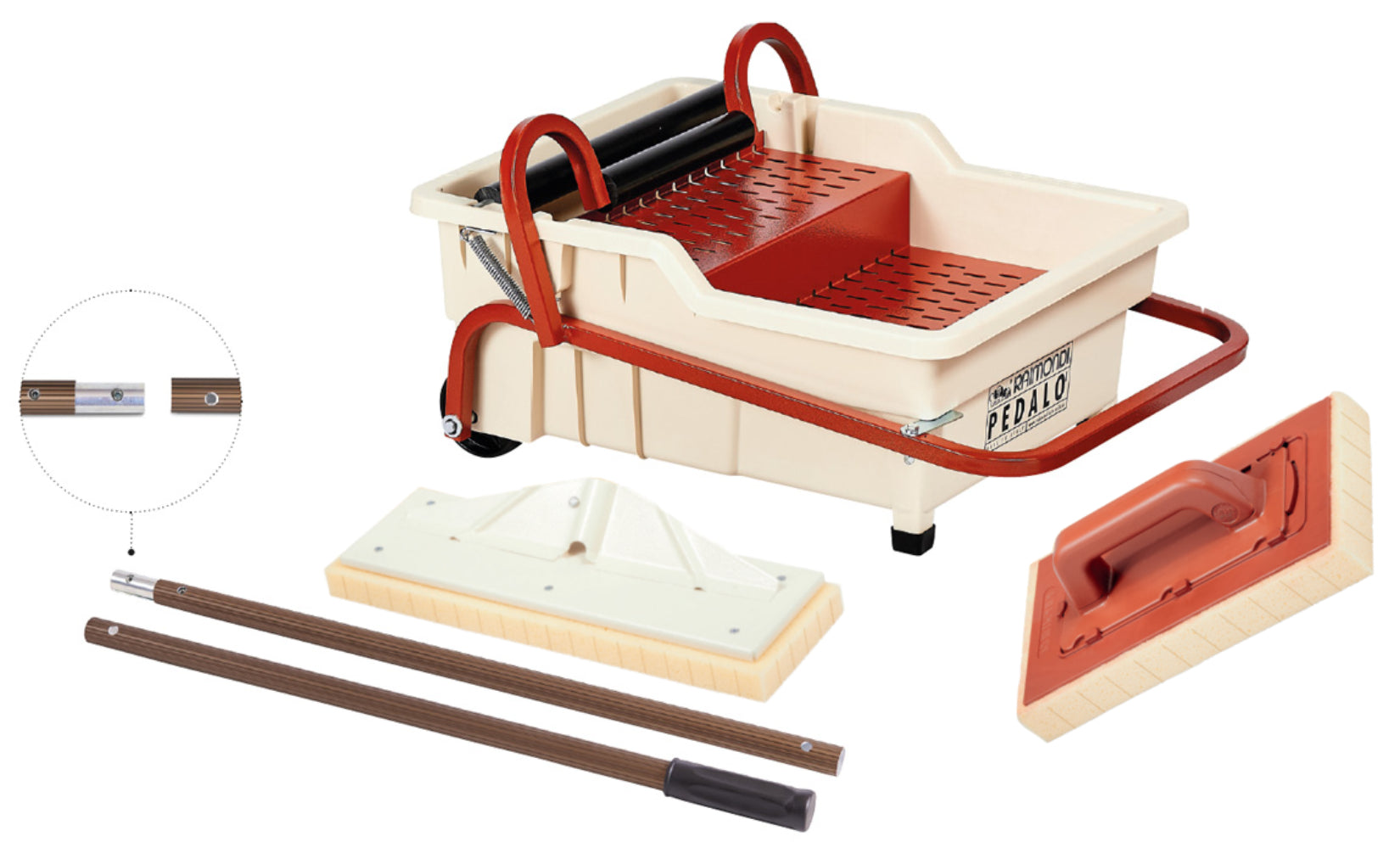 Raimondi Pedalò 356 NSWET Per Eliminare Pulire Residui Sigillanti di Pavimenti Rivestimenti Frattazzo Spugna Sweepex Con Tagli Impugnatura Manico Alluminio Pedale Spremitura Vasca 40 Litri Griglia Ruote Diametro Ø 100 mm 69x54 H38 cm