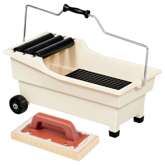 Raimondi Pulirapid 216 SWE T Per Eliminare Pulire Residui Sigillanti di Pavimenti Rivestimenti Vasca Plastica 20 Litri Antiurto Tre Rulli Frattazzo Spugna “Sweepex” Con Tagli Impugnatura Griglia Manico in Acciaio Ruote Ø 80 mm 60x30 H30 cm