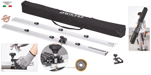 Raimondi RAIZOR MKII PLUS 433CP00APR Sistema di Taglio Lastre Grande Formato Lunghezza 330 cm 2 Guide Collegabili 160 cm 6 Ventose Incisore Doppia Rotaia Perno Rotella Titanio Ø 20 mm Cuscinetto Pinza Troncatura PREMIUM Piastrelle Spessore 3-15 mm Sacca