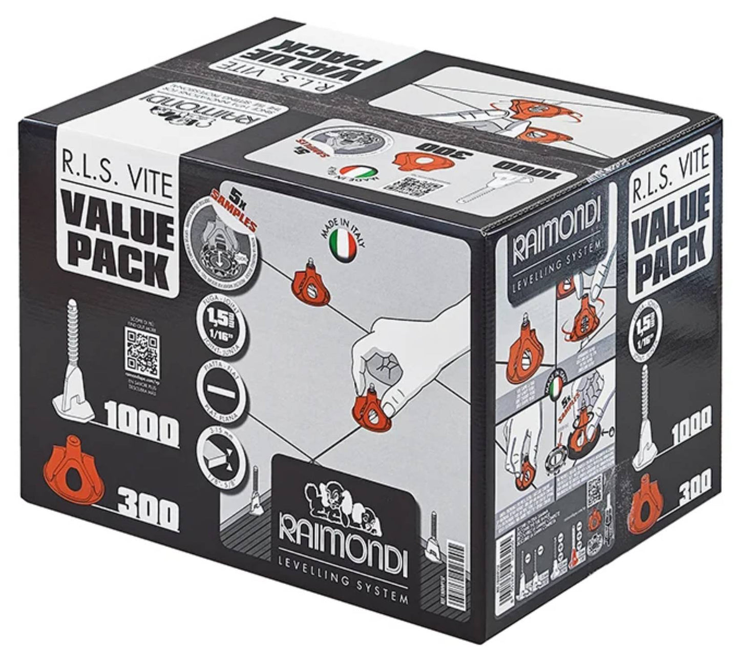 Raimondi RLS Vite Valute Pack 180VVP15F Kit Sistema R.L.S Levelling System 1000 Viti Basi Flat Forma Meno - Per Piastrelle Con Altezza da 3 a 15 mm e per Fuga da 1,5 mm + 300 Ghiere + 5 Rondelle Antigraffio