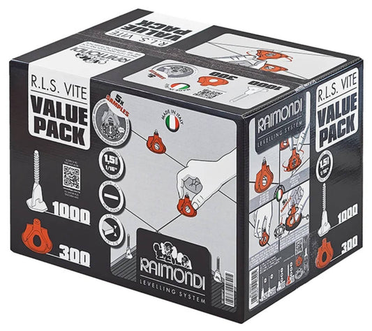 Raimondi RLS Vite Valute Pack 180VVP15F Kit Sistema R.L.S Levelling System 1000 Viti Basi Flat Forma Meno - Per Piastrelle Con Altezza da 3 a 15 mm e per Fuga da 1,5 mm + 300 Ghiere + 5 Rondelle Antigraffio