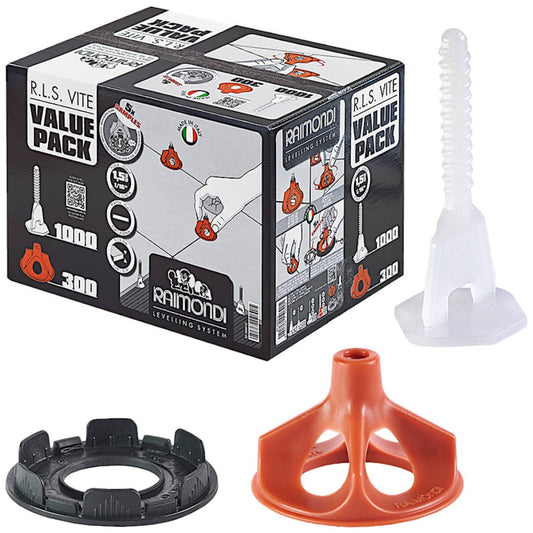 Raimondi RLS Vite Valute Pack 180VVP15F Kit Sistema R.L.S Levelling System 1000 Viti Basi Flat Forma Meno - Per Piastrelle Con Altezza da 3 a 15 mm e per Fuga da 1,5 mm + 300 Ghiere + 5 Rondelle Antigraffio