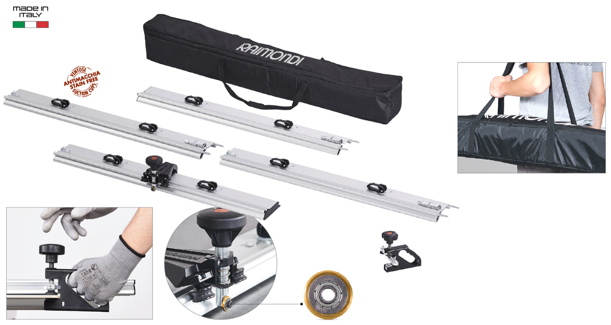 Raimondi RAIZOR MTC 433CP00AM Sistema di Taglio Modulare Piastrelle Lastre Grandi Massimo 327 cm 4 Guide Collegabili 66 cm 8 Ventose Gomma Incisore Perno Doppia Rotaia Rotella Cuscinetto Sacca Pinza Troncatura PREMIUM Per Piastrelle Altezza da 3 a 15 mm