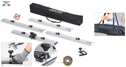 Raimondi RAIZOR MTC 433CP00AM Sistema di Taglio Modulare Piastrelle Lastre Grandi Massimo 327 cm 4 Guide Collegabili 66 cm 8 Ventose Gomma Incisore Perno Doppia Rotaia Rotella Cuscinetto Sacca Pinza Troncatura PREMIUM Per Piastrelle Altezza da 3 a 15 mm