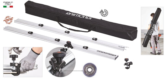 Raimondi RAIZOR MKII 433CP00AR Sistema di Taglio Lastre Grande Formato Lunghezza 330 cm 2 Guide Collegabili 160 cm 6 Ventose Incisore Singola Rotaia Rotella Ø 22 mm Cuscinetto Vite Pinza Troncatura SNAP Piastrelle Spessore 3-15 mm Sacca 186x16 h18,5 cm