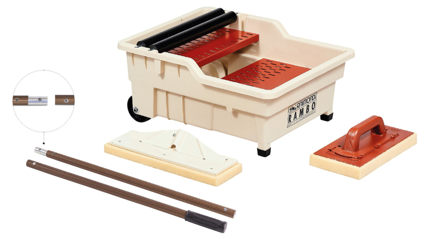 Raimondi Rambo 355 NSWE E Per Eliminare Pulire Residui Sigillanti di Pavimenti Rivestimenti Frattazzo Spugna Sweepex Impugnatura Manico Alluminio Scomponibile Vasca 40 Litri Griglia Ruote Diametro Ø 100 mm 60x50 H30 cm