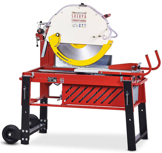 Raimondi SHERPA 218AS 230SD Segatrice Con Carrello Scorrevole Taglio 70 cm Per Pietre Naturali Spessore Massimo 25 cm Rinvio a Cinghia Raffreddamento a Pompa Vasca in Polipropilene Estraibile Protezione Disco Gambe Telescopiche Maniglie 145x75 H110 cm