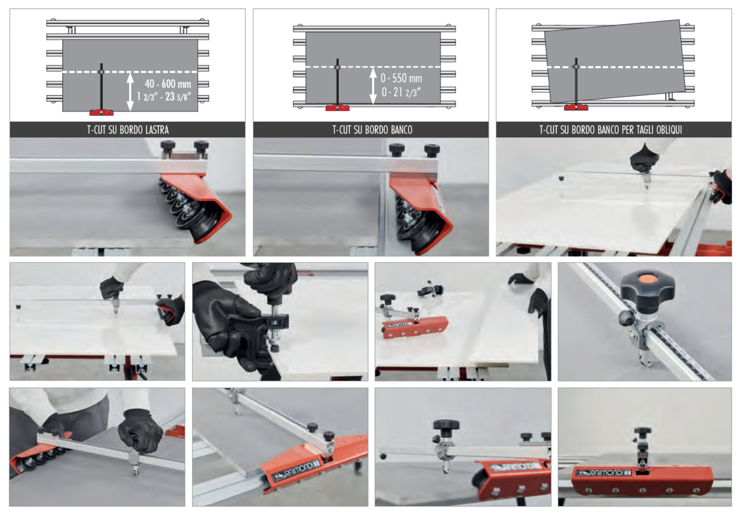 Raimondi T-CUT 433TC RAI Dispositivo Per Incisione Spacco Lastre Ceramiche Pinza Troncatura “Snap” Ruote Ampiezza Taglio 40-600 mm Lunghezza Illimitata Asta Millimetrata Ricalibrabile Carrello Per Mattonelle Spessore 3-12 mm Pressione Progressiva Vite
