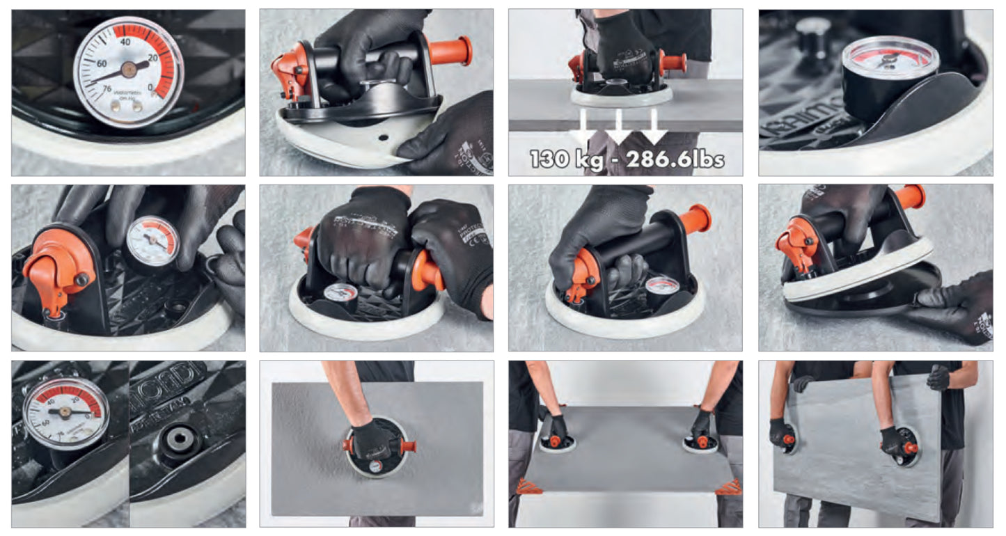 Raimondi RV175 MkII 185WA02VRVV Ventosa Vacuum a Pompa Diametro Ø Patta 175 mm Con Vuotometro Gomma Antimacchia Sostituibile Valigetta Per Movimentazione Piastrelle Lastre Ceramiche Non Poroso Marmi Graniti Vetro Valvola Antiruggine Portata Massima 130 Kg