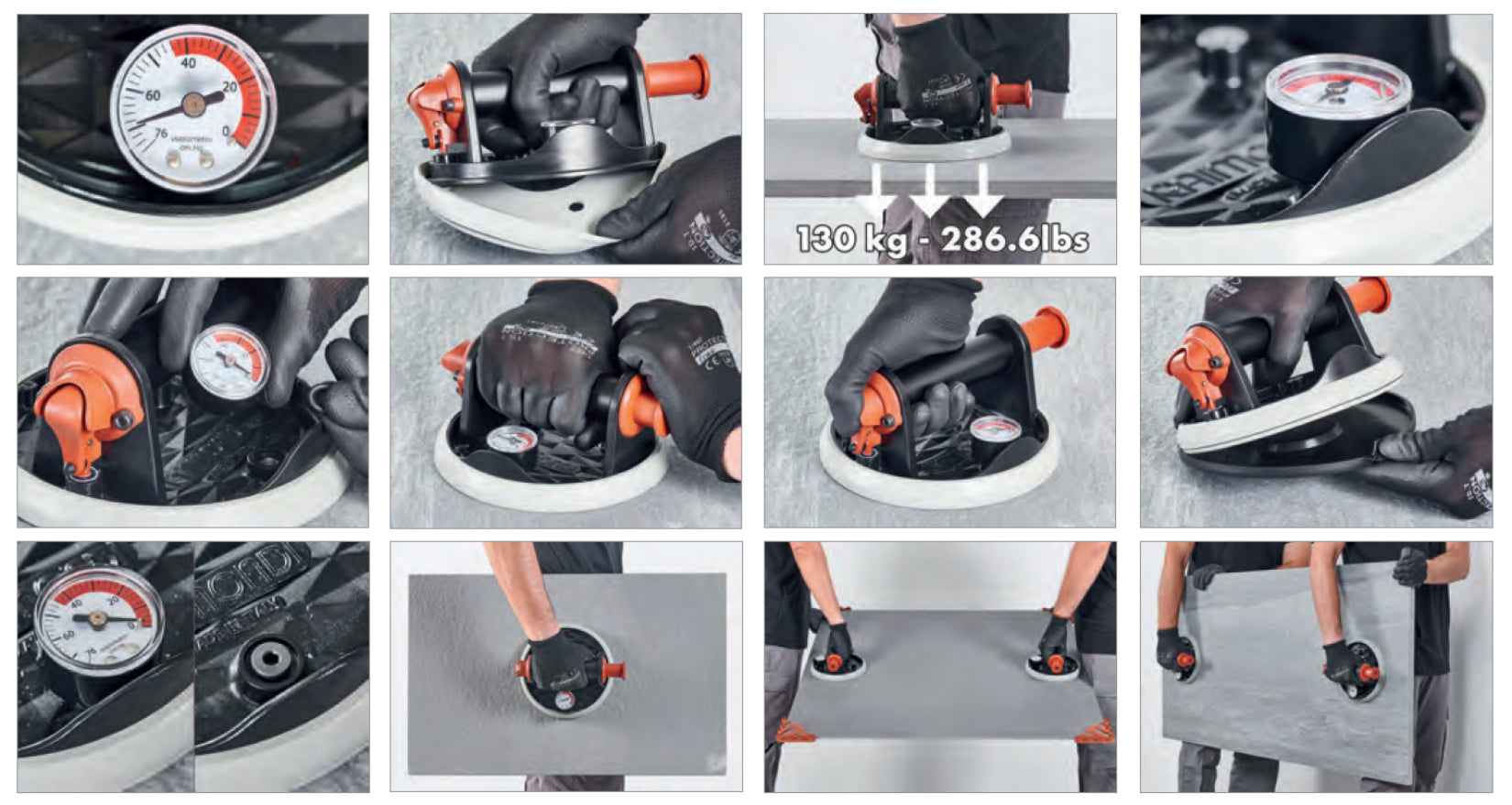 Raimondi RV175 MkII 185WA02VRVV Ventosa Vacuum a Pompa Diametro Ø Patta 175 mm Con Vuotometro Gomma Antimacchia Sostituibile Valigetta Per Movimentazione Piastrelle Lastre Ceramiche Non Poroso Marmi Graniti Vetro Valvola Antiruggine Portata Massima 130 Kg