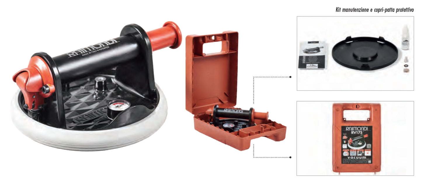Raimondi RV175 MkII 185WA02VRVV Ventosa Vacuum a Pompa Diametro Ø Patta 175 mm Con Vuotometro Gomma Antimacchia Sostituibile Valigetta Per Movimentazione Piastrelle Lastre Ceramiche Non Poroso Marmi Graniti Vetro Valvola Antiruggine Portata Massima 130 Kg