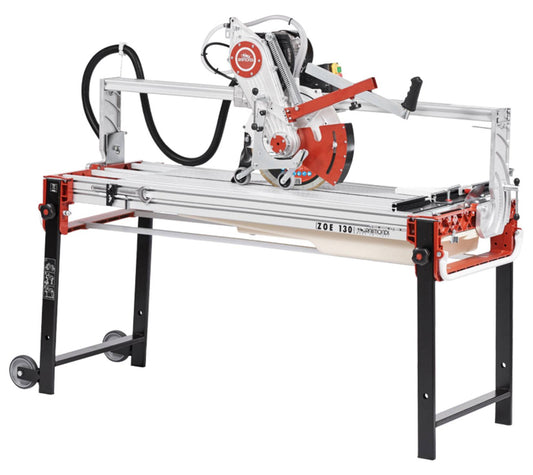 Raimondi Zoe 130 Advanced 420130A P Segatrice Motore Scorrevole Inclinabile Taglio 130cm Jolly Mattonelle Spessore 235 mm Disco Ø300mm Rinvio Cinghia Struttura Alluminio Vasca Polipropilene Raffreddamento Pompa Squadra Gambe Ruote Copridisco 170x70 H95 cm
