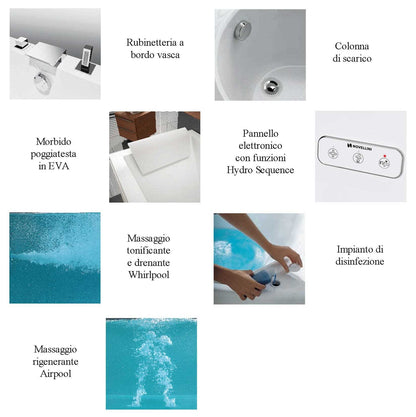 Novellini Calos 2.0 Vasca da Bagno Versione Hydro Plus Idro Whirlpool 6 Getti Disinfezione Airpool 12 Jets Misura 150x70 cm Installazione Reversibile Forma Rettangolare 2 Pannelli Materiale Acrilico Colore Bianco Lucido Colonna Rubinetto Cuscino Display