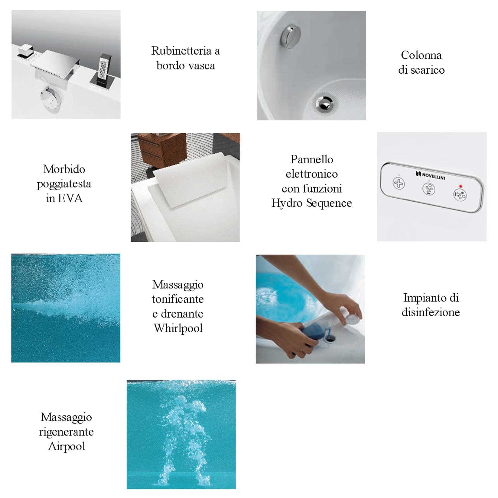 Novellini Calos 2.0 Vasca da Bagno Versione Hydro Plus Idro Whirlpool 6 Getti Disinfezione Airpool 12 Jets Misura 170x75 cm Installazione Reversibile Forma Rettangolare 2 Pannelli Materiale Acrilico Colore Bianco Lucido Colonna Rubinetto Cuscino Display