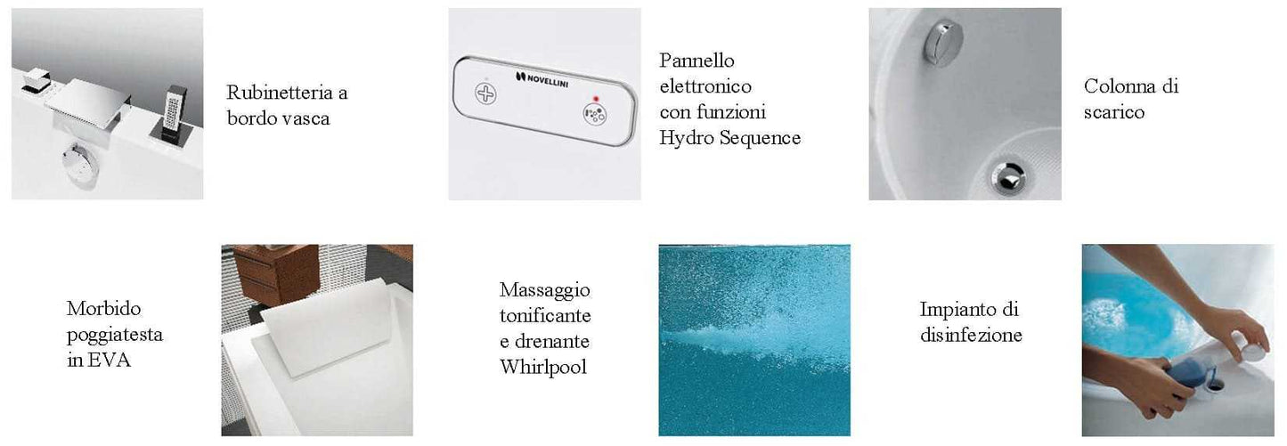 Novellini Calos 2.0 Vasca da Bagno Versione Hydro Disinfezione Idro Whirlpool 6 Jets Misura 180x80 cm Installazione Reversibile Forma Rettangolare 1 Pannello Frontale 2 Laterali Materiale Acrilico Colore Bianco Lucido Colonna Rubinetto Poggiatesta Display