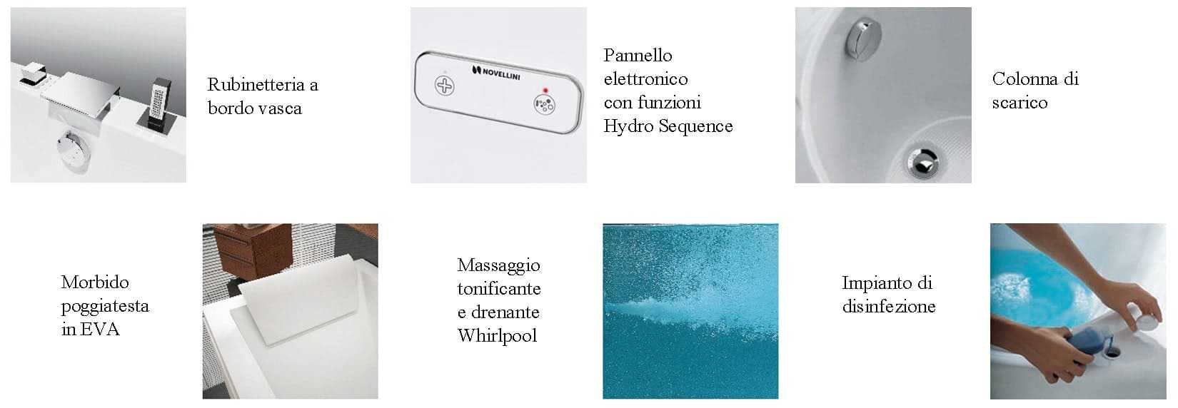 Novellini Calos 2.0 Vasca da Bagno Versione Hydro Disinfezione Idro Whirlpool 6 Jets Misura 170x70 cm Installazione Reversibile Forma Rettangolare 1 Pannello Frontale 2 Laterali Materiale Acrilico Colore Bianco Lucido Colonna Rubinetto Poggiatesta Display