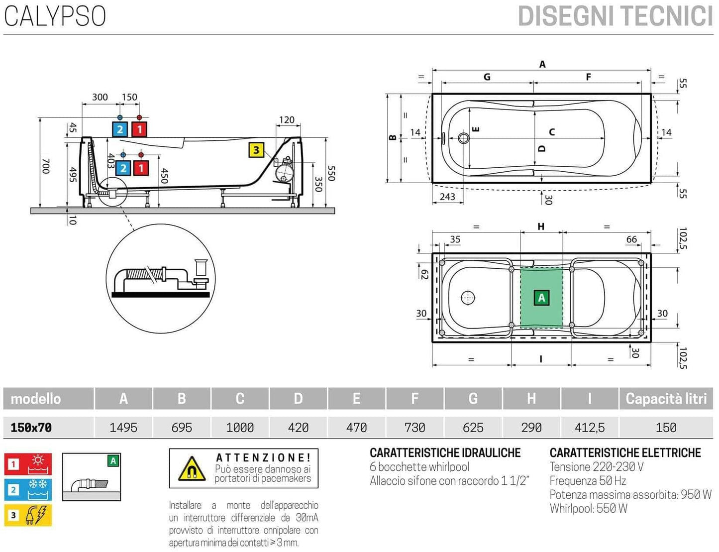 Novellini Calypso Vasca da Bagno Versione Hydro Con Disinfezione Misura 150x70 H55 cm Idro Whirlpool 6 Getti Installazione Destra Forma Esterna Rettangolare Interna ad Otto Senza Pannelli Materiale Acrilico Colore Bianco Lucido Colonna Rubinetto Cuscino