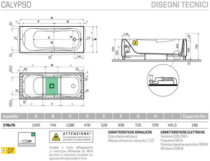 Novellini Calypso Vasca da Bagno Versione Hydro Con Disinfezione Misura 170x75 H55 cm Idro Whirlpool 6 Getti Installazione Sinistra Forma Esterna Rettangolare Interna ad Otto Senza Pannelli Materiale Acrilico Colore Bianco Lucido Colonna Poggiatesta