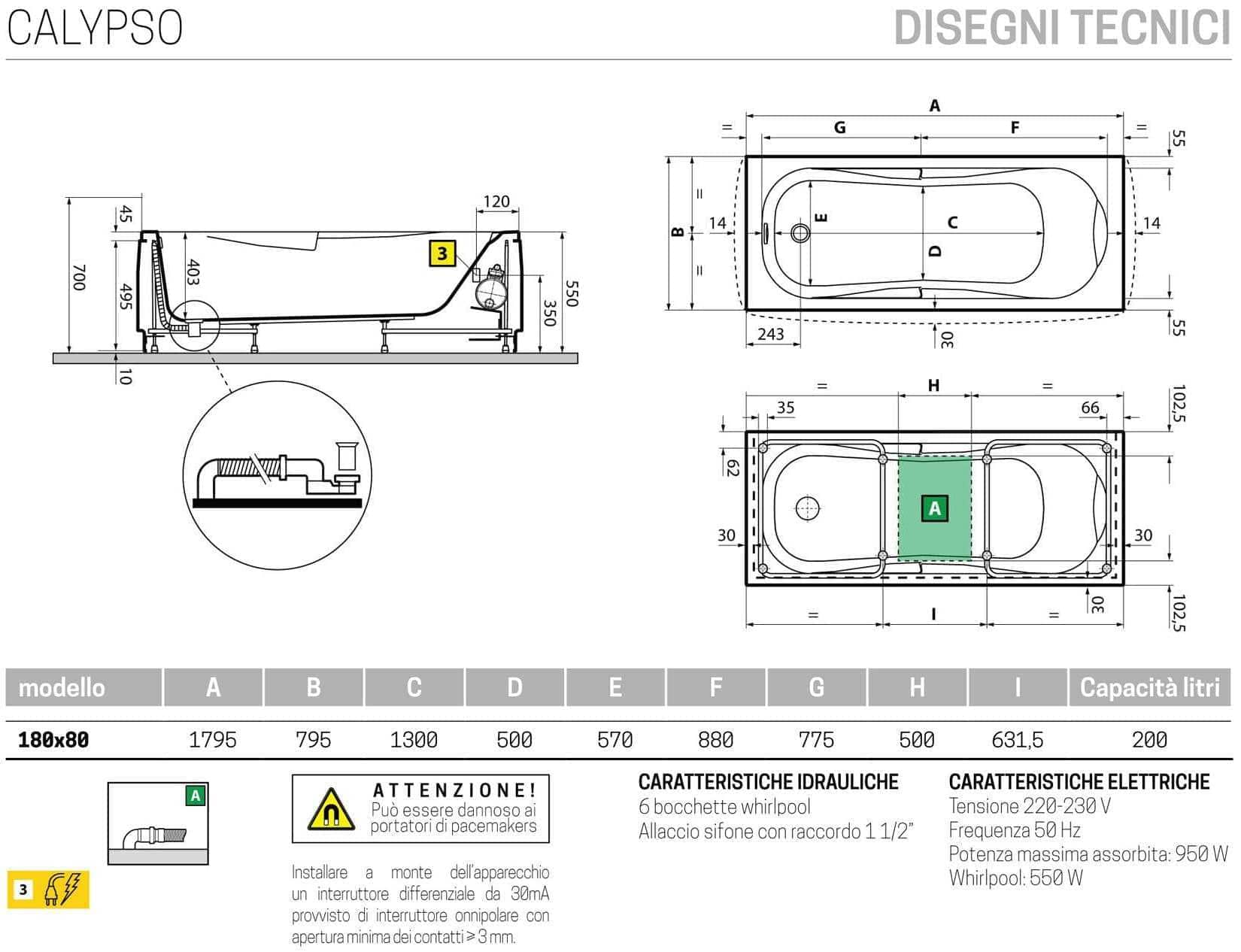 Novellini Calypso Vasca da Bagno Versione Hydro Con Disinfezione Misura 180x80 H55 cm Idro Whirlpool 6 Getti Installazione Destra Forma Esterna Rettangolare Interna ad Otto 3 Pannelli Materiale Acrilico Colore Bianco Lucido Colonna Poggiatesta