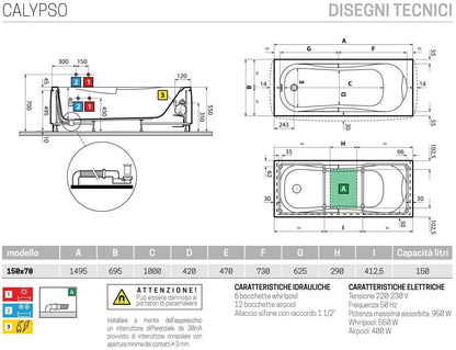 Novellini Calypso Vasca Bagno Versione Hydro Plus Misura 150x70 H55 cm Idromassaggio Whirlpool 6 Getti Disinfezione Airpool 12 Jets Installazione Destra Forma Esterna Rettangolare Interna ad Otto 2 Pannelli Colore Bianco Lucido Colonna Rubinetto Cuscino