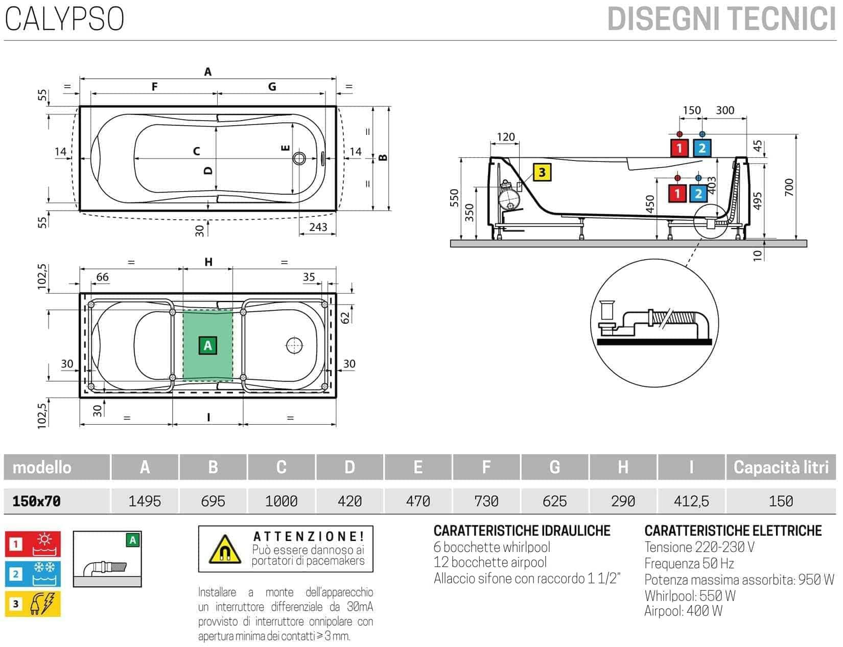 Novellini Calypso Vasca Bagno Versione Hydro Plus Misura 150x70 H55 cm Idromassaggio Whirlpool 6 Getti Disinfezione Airpool 12 Jets Installazione Sinistra Forma Esterna Rettangolare Interna ad Otto 1 Pannello Colore Bianco Lucido Colonna Rubinetto Cuscino