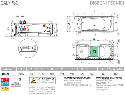 Novellini Calypso Vasca Bagno Versione Hydro Plus Misura 160x70 H55 cm Idromassaggio Whirlpool 6 Getti Disinfezione Airpool 12 Jets Installazione Destra Forma Esterna Rettangolare Interna ad Otto 1 Pannello Colore Bianco Lucido Colonna Rubinetto Cuscino