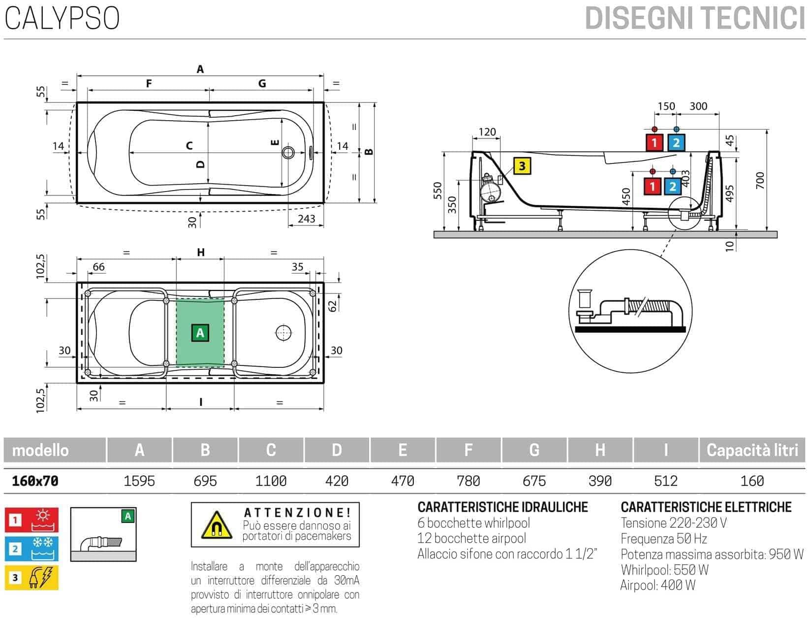 Novellini Calypso Vasca Bagno Versione Hydro Plus Misura 160x70 H55 cm Idromassaggio Whirlpool 6 Getti Disinfezione Airpool 12 Jets Installazione Sinistra Forma Esterna Rettangolare Interna ad Otto 3 Pannelli Colore Bianco Lucido Colonna Rubinetto Cuscino
